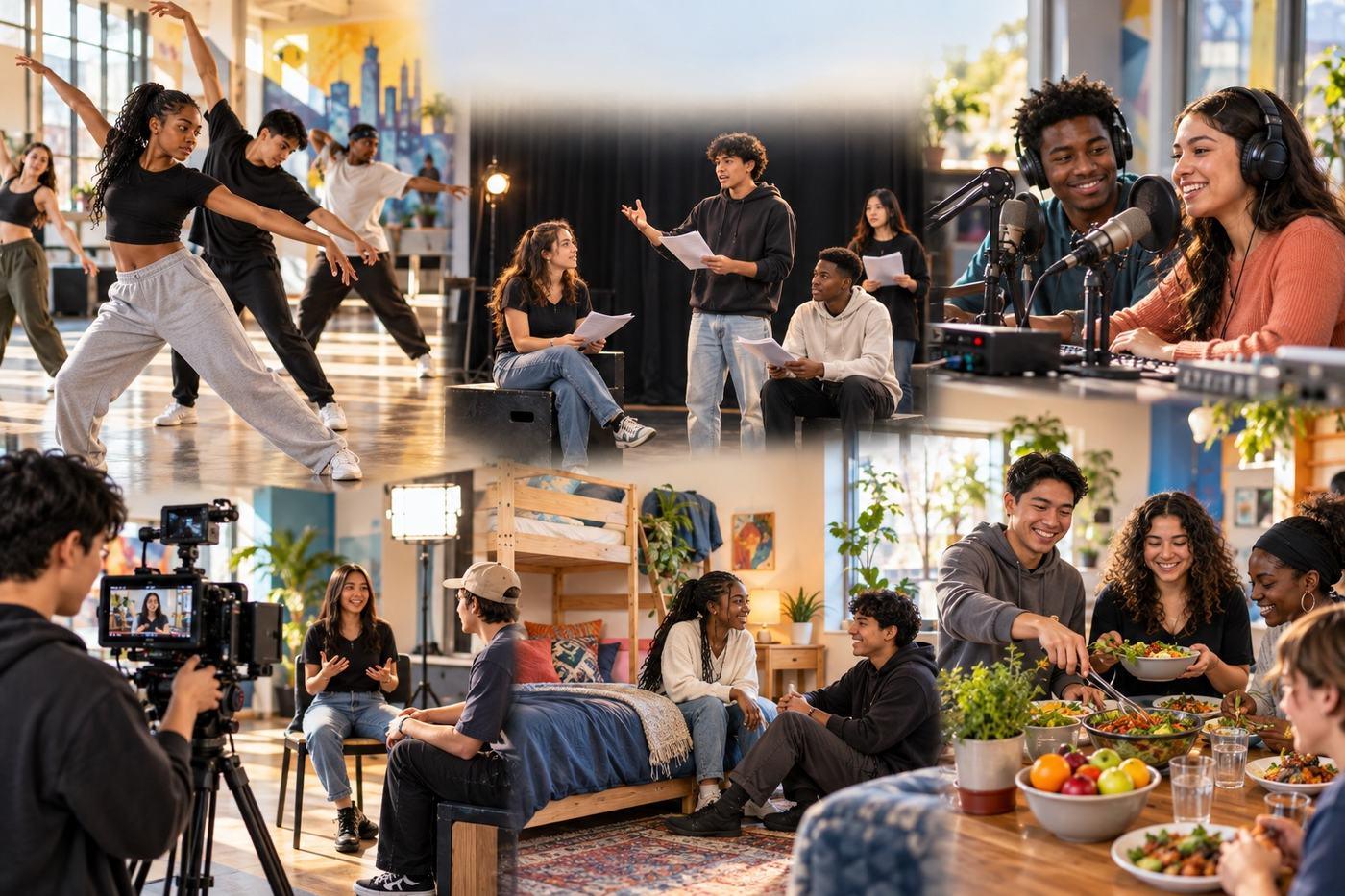 Young people in WHALER's Creation programs: a dance rehearsal, a script reading, the KFAM Youth Radio booth, a video shoot, the housing common room, and a shared meal