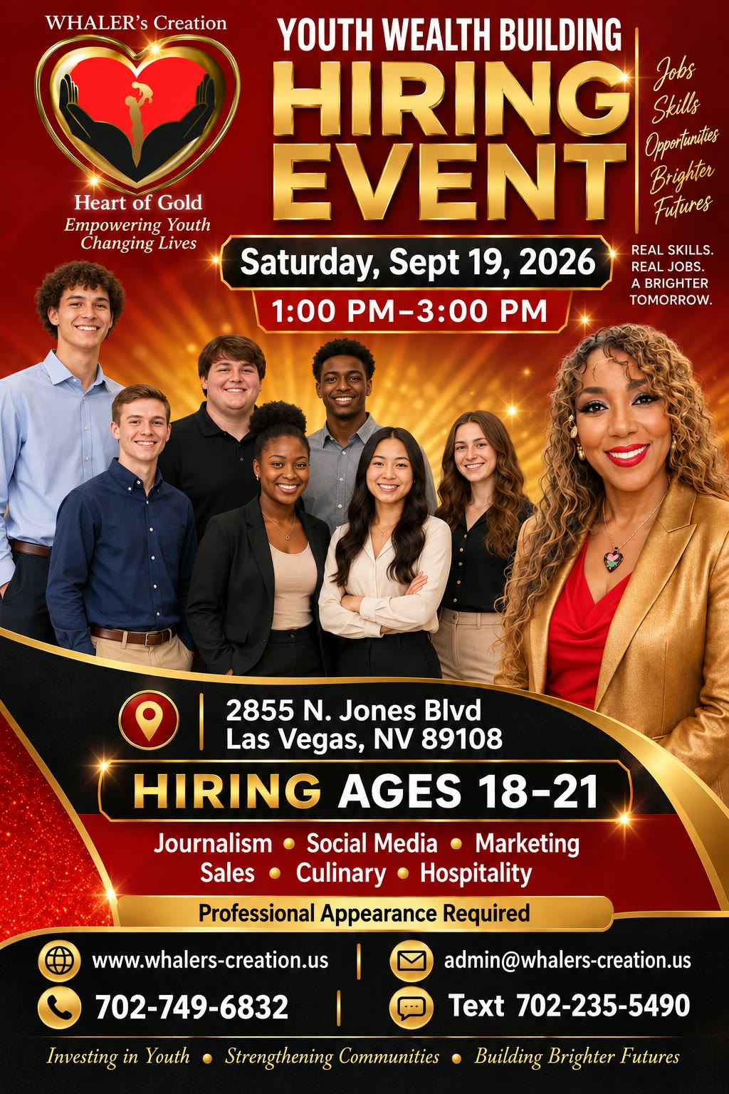 Flyer for the WHALER's Creation Youth Wealth Building Hiring Event on Saturday, September 19, 2026, 1 to 3 PM: a group of young job seekers in professional dress alongside WHALER's Creation staff